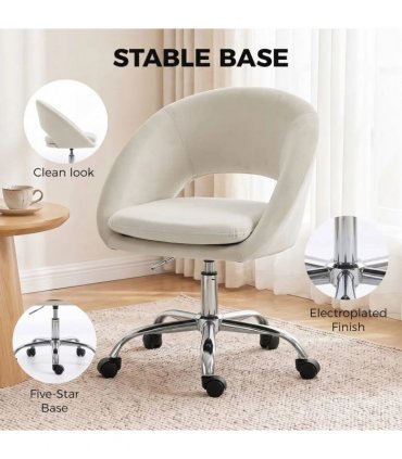 HOMCOM Velvet Desk Chair, Modern Office Chair with Height-Adjustable, Wheels, for Home Study Bedroom, Cream