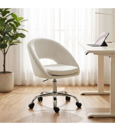 HOMCOM Velvet Desk Chair, Modern Office Chair with Height-Adjustable, Wheels, for Home Study Bedroom, Cream