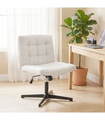 HOMCOM Armless Office Chair, Cross Legged Linen Computer Desk Vanity Chair with Wide Seat, Rocking Function, Beige