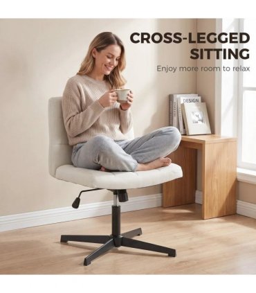 HOMCOM Armless Office Chair, Cross Legged Linen Computer Desk Vanity Chair with Wide Seat, Rocking Function, Beige