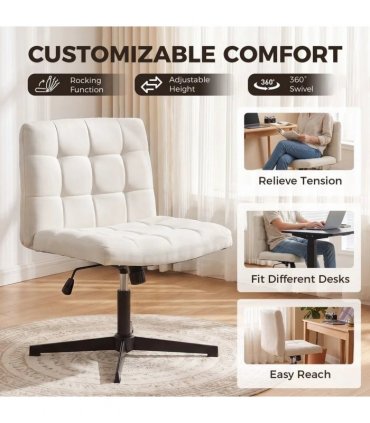 HOMCOM Armless Office Chair, Cross Legged Linen Computer Desk Vanity Chair with Wide Seat, Rocking Function, Beige