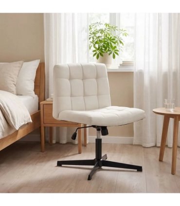 HOMCOM Armless Office Chair, Cross Legged Linen Computer Desk Vanity Chair with Wide Seat, Rocking Function, Beige