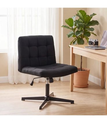 HOMCOM Armless Office Chair, Cross Legged Linen Computer Desk Vanity Chair with Wide Seat, Rocking Function, Black