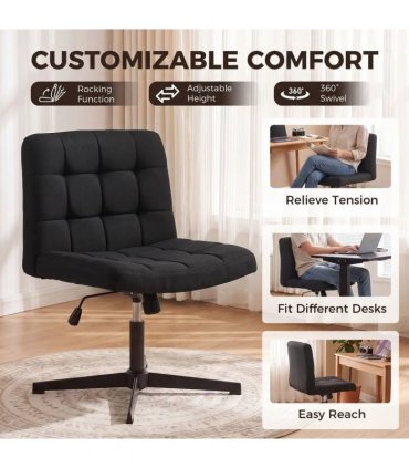 HOMCOM Armless Office Chair, Cross Legged Linen Computer Desk Vanity Chair with Wide Seat, Rocking Function, Black