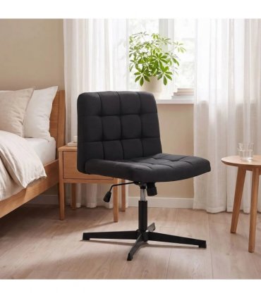 HOMCOM Armless Office Chair, Cross Legged Linen Computer Desk Vanity Chair with Wide Seat, Rocking Function, Black
