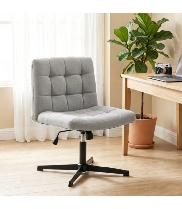 HOMCOM Armless Office Chair, Cross Legged Linen Computer Desk Vanity Chair with Wide Seat, Rocking Function, Grey
