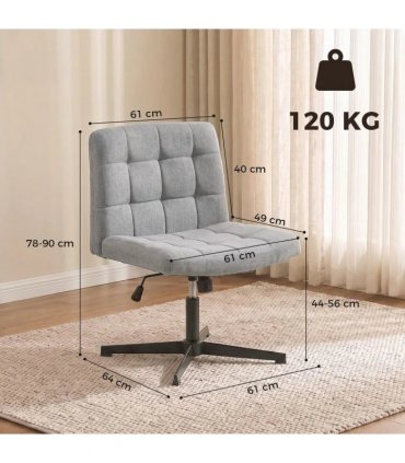 HOMCOM Armless Office Chair, Cross Legged Linen Computer Desk Vanity Chair with Wide Seat, Rocking Function, Grey