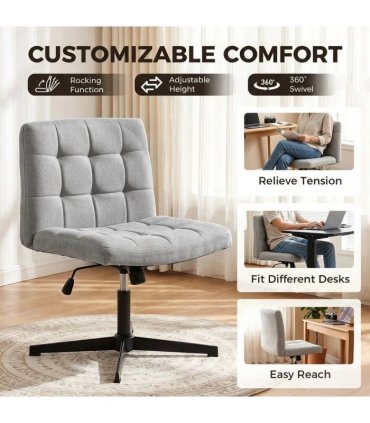 HOMCOM Armless Office Chair, Cross Legged Linen Computer Desk Vanity Chair with Wide Seat, Rocking Function, Grey