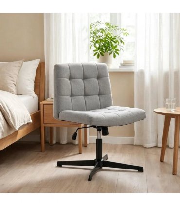 HOMCOM Armless Office Chair, Cross Legged Linen Computer Desk Vanity Chair with Wide Seat, Rocking Function, Grey