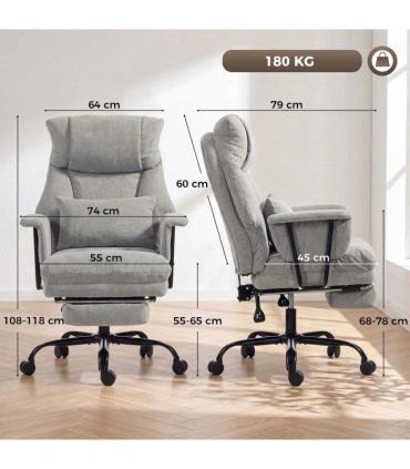 HOMCOM Office Chair, 180kg Heavy Duty Linen Computer Desk Chair with Lumbar Support, Wide Seat, Spring Cushion, Grey
