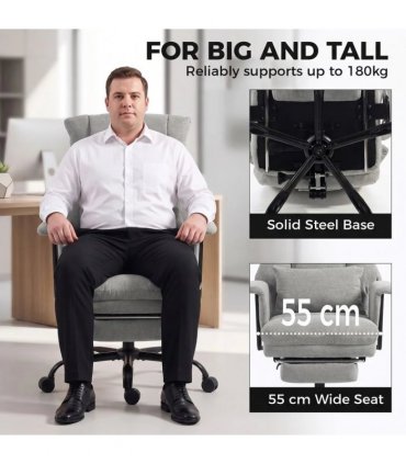 HOMCOM Office Chair, 180kg Heavy Duty Linen Computer Desk Chair with Lumbar Support, Wide Seat, Spring Cushion, Grey