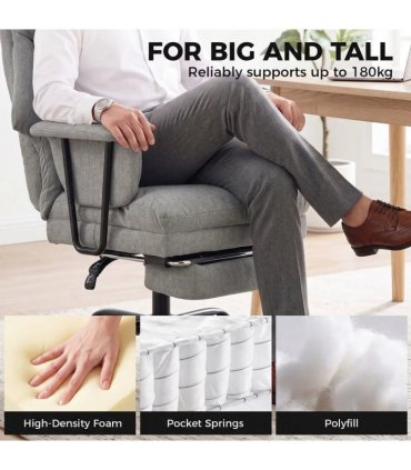 HOMCOM Office Chair, 180kg Heavy Duty Linen Computer Desk Chair with Lumbar Support, Wide Seat, Spring Cushion, Grey