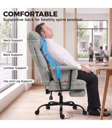 HOMCOM Office Chair, 180kg Heavy Duty Linen Computer Desk Chair with Lumbar Support, Wide Seat, Spring Cushion, Grey