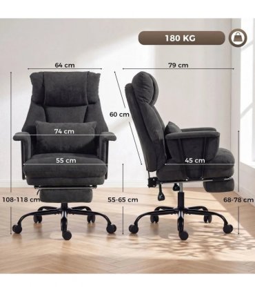 HOMCOM Office Chair, 180kg Heavy Duty Linen Computer Desk Chair with Lumbar Support, Wide Seat, Spring Cushion, Black