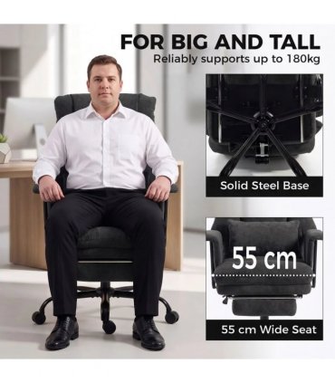 HOMCOM Office Chair, 180kg Heavy Duty Linen Computer Desk Chair with Lumbar Support, Wide Seat, Spring Cushion, Black
