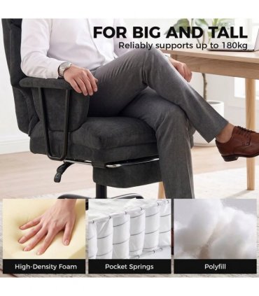 HOMCOM Office Chair, 180kg Heavy Duty Linen Computer Desk Chair with Lumbar Support, Wide Seat, Spring Cushion, Black