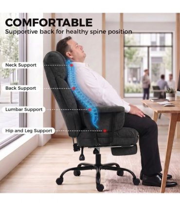 HOMCOM Office Chair, 180kg Heavy Duty Linen Computer Desk Chair with Lumbar Support, Wide Seat, Spring Cushion, Black