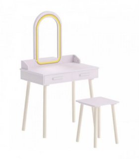 AIYAPLAY Kids Dressing Table, Girls Vanity Set with Stool, 3-Colour LED Lights Mirror, Large Drawer for Ages 3-8, Pink