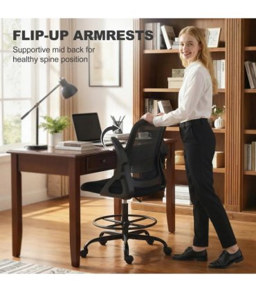 HOMCOM Painting Chair, Mesh Computer Desk Chair with Flip-up Armrests, Black
