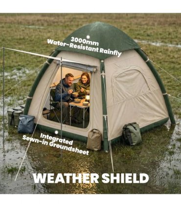 Outsunny Inflatable Camping Tent with Rainfly, 2-3 Man Air Tent 3000mm Waterproof Blow Up Tents, Beige
