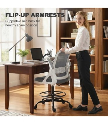 HOMCOM Painting Chair, Mesh Computer Desk Chair with Flip-up Armrests, Grey