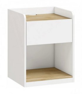 HOMCOM Modern Bedside Table, Slim Nightstand with Drawer, Shelf and Cable Holes, White and Oak