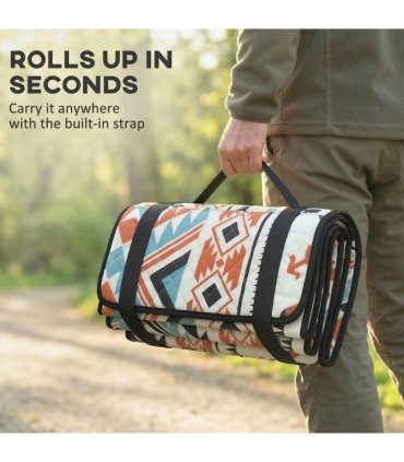 Outsunny Picnic Blanket, 200x200CM Large Beach Blanket Outdoor Picnic Mat with Integrated Strap for Camping, Mix-Colour
