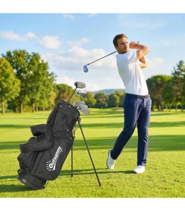 Outsunny Golf Stand Bag 6 Way Full-Length Dividers, Waterproof Golf Bag with 5 Pockets, Grey
