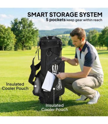 Outsunny Golf Stand Bag 6 Way Full-Length Dividers, Waterproof Golf Bag with 5 Pockets, Grey