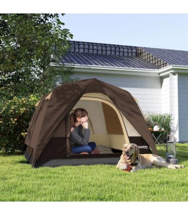 Outsunny Camping Tent, Easy Set Up 2-3 Man Tent with Sewn-in Groundsheet, 3000 mm Dome Tent w/ Mesh Windows, Brown