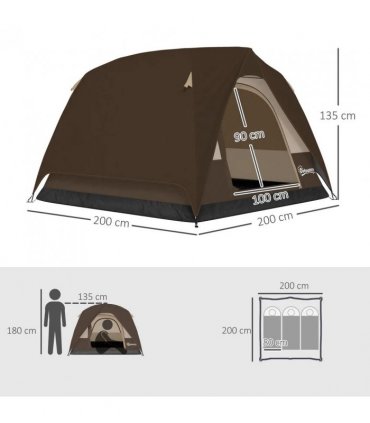 Outsunny Camping Tent, Easy Set Up 2-3 Man Tent with Sewn-in Groundsheet, 3000 mm Dome Tent w/ Mesh Windows, Brown