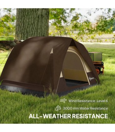 Outsunny Camping Tent, Easy Set Up 2-3 Man Tent with Sewn-in Groundsheet, 3000 mm Dome Tent w/ Mesh Windows, Brown