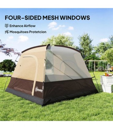 Outsunny Camping Tent, Easy Set Up 2-3 Man Tent with Sewn-in Groundsheet, 3000 mm Dome Tent w/ Mesh Windows, Brown