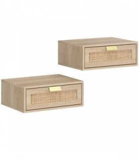 HOMCOM Floating Bedside Tables Set of 2, Wall Mounted Bedside Cabinets with Rattan Drawer and Wood Effect, Oak