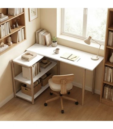 HOMCOM Computer Desk with Storage Shelves Modern Writing Desk Bamboo Frame for Home Office 150 cm White and Oak
