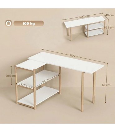 HOMCOM Computer Desk with Storage Shelves Modern Writing Desk Bamboo Frame for Home Office 150 cm White and Oak