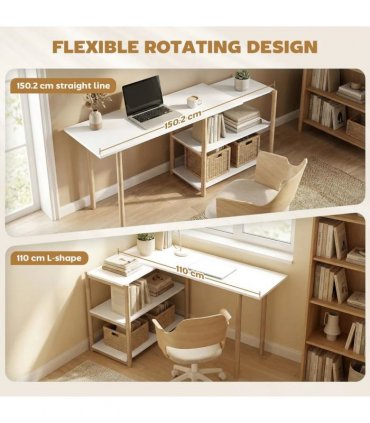 HOMCOM Computer Desk with Storage Shelves Modern Writing Desk Bamboo Frame for Home Office 150 cm White and Oak