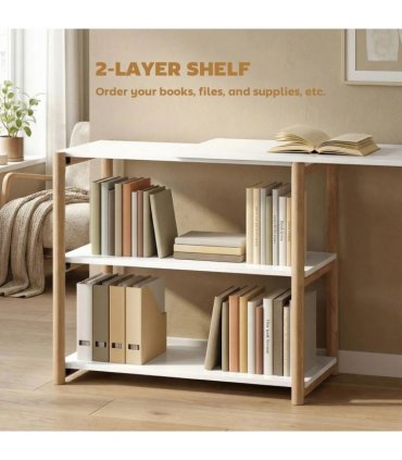 HOMCOM Computer Desk with Storage Shelves Modern Writing Desk Bamboo Frame for Home Office 150 cm White and Oak