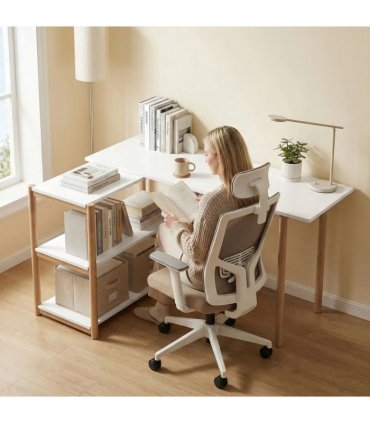 HOMCOM Computer Desk with Storage Shelves Modern Writing Desk Bamboo Frame for Home Office 150 cm White and Oak