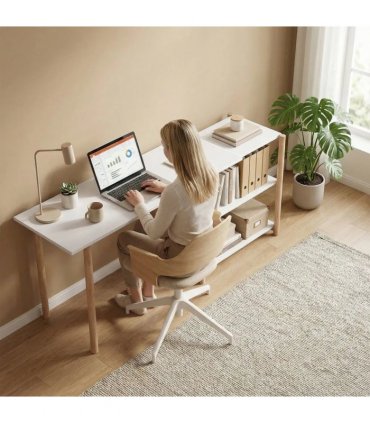 HOMCOM Computer Desk with Storage Shelves Modern Writing Desk Bamboo Frame for Home Office 150 cm White and Oak