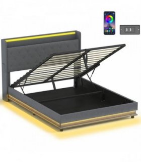HOMCOM 5ft King Bed Frame with Headboard, Platform Bed Frame with Hydraulic Storage, LED Lights and Charging Station, Grey