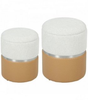 HOMCOM Nesting Round Ottoman with Storage Set of 2 - Cream/Brown