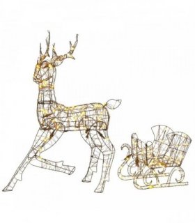 Outsunny Lighted Reindeer and Sleigh Set, 2-Piece PP Rattan Outdoor Christmas Decoration with LEDs, 8 Modes, Daily Timer