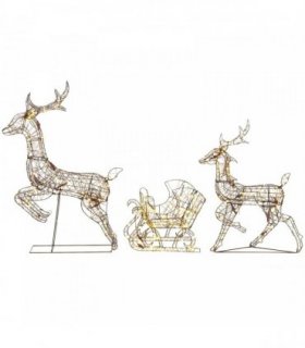 Outsunny 3-Piece Lighted Reindeer and Sleigh Set, PP Rattan Outdoor Christmas Decoration with LEDs, 8 Modes, Daily Timer