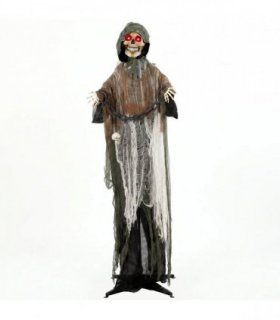 HOMCOM 170cm Animated Grim Reaper, Life-Size Halloween Animatronic with Moving Hands/Head, Glowing Eyes, Creepy Sound