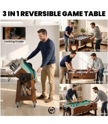 SPORTNOW 3 in 1 Multi Game Table, 3.4ft Reversible Air Hockey Pool Football Games Table with Lockable Wheels, Storage Shelf