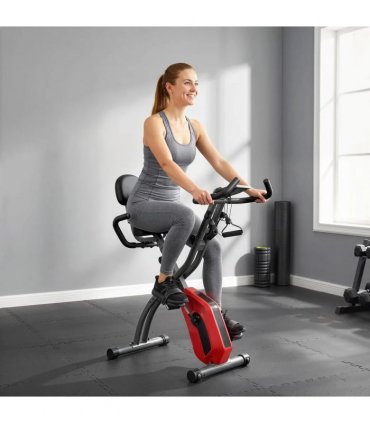 SPORTNOW 4-In-1 Folding Exercise Bike with Resistance Bands, Bluetooth App, 8-Level Magnetic Resistance, LCD Display, Red