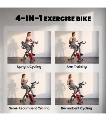 SPORTNOW 4-In-1 Folding Exercise Bike with Resistance Bands, Bluetooth App, 8-Level Magnetic Resistance, LCD Display, Red