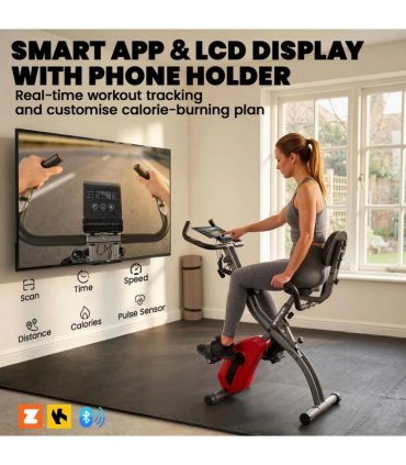 SPORTNOW 4-In-1 Folding Exercise Bike with Resistance Bands, Bluetooth App, 8-Level Magnetic Resistance, LCD Display, Red