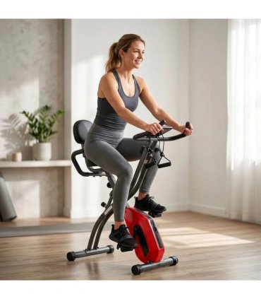 SPORTNOW 4-In-1 Folding Exercise Bike with Resistance Bands, Bluetooth App, 8-Level Magnetic Resistance, LCD Display, Red